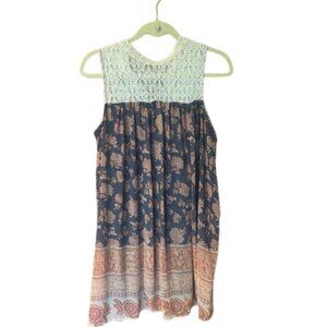 Boho Floral Sleeveless Dress with Crochet Lace Top